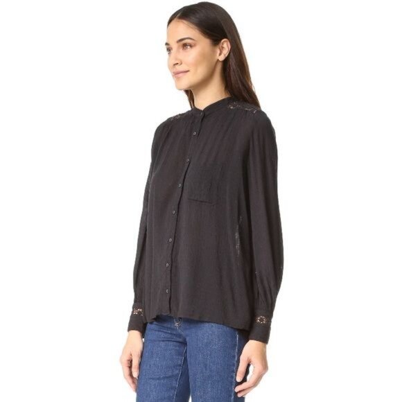 Free People Black Crochet Lace Back Oversized Button Down Blouse L - Picture 2 of 7